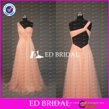 ED Bridal Real Sample Frisado Um Ombro Aberto Voltar A Line Floor Length Peach Tulle Prom Dresses 2017